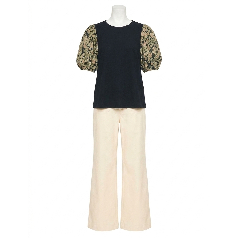 NEW ENTRO floral jacquard sleeve top in black - Picture 1 of 7
